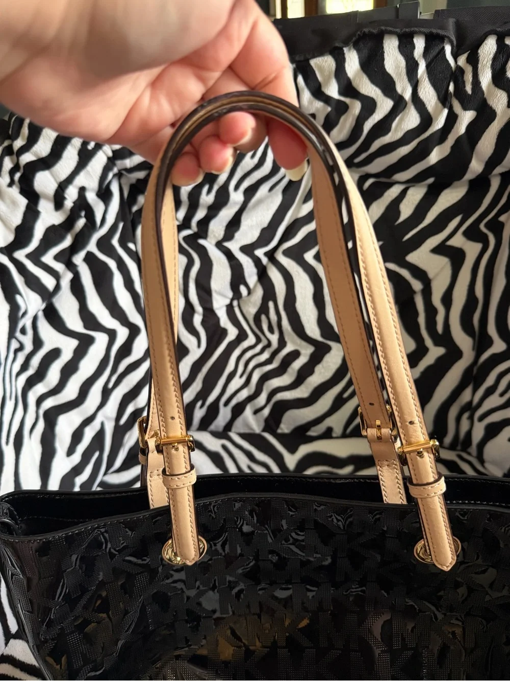 Michael Kors Black Patent Tote with Tan Straps and Gold Hardware